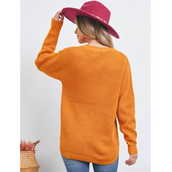NWOT Zenana Hi- Low Long Sleeve Round Neck Waffle Sweater in Golden Mustard - Picture 3 of 8